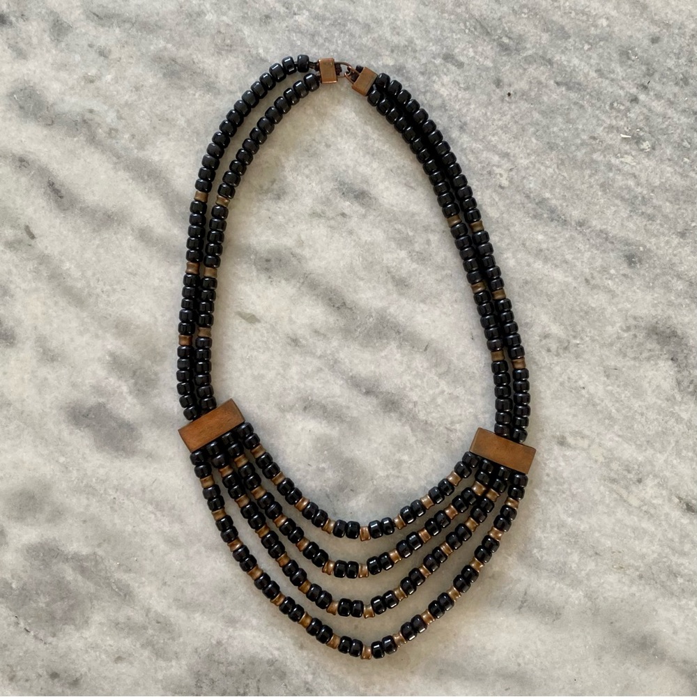 Vintage 1980s brass and black bead statement necklace